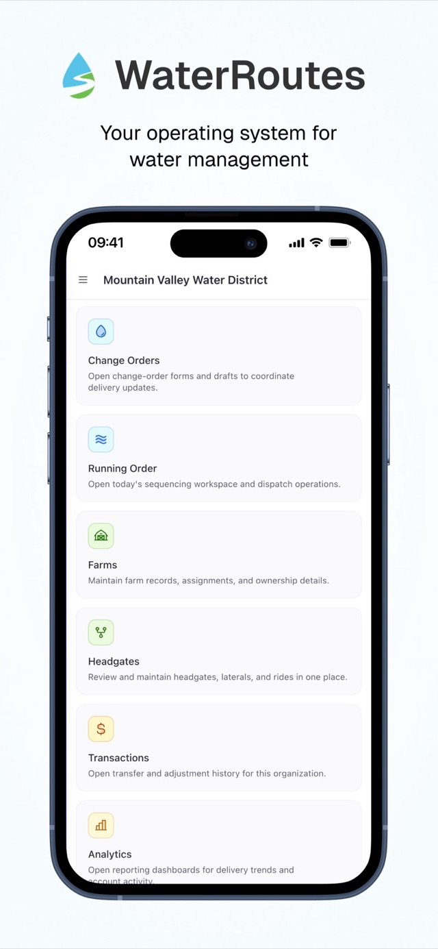 Water Routes mobile application, showing ordering, farm management, and delivery tools